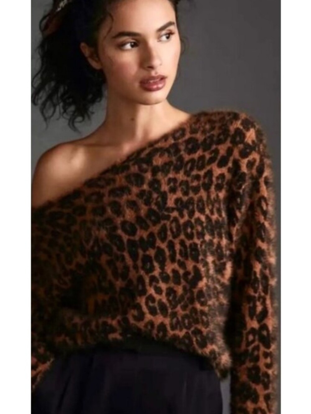 Anthropologie Pilcro textured fuzzy leopard print off-shoulder cropped sweater